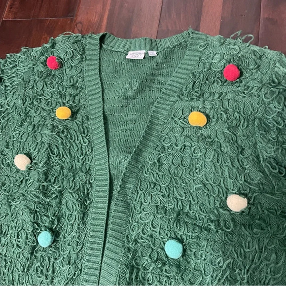 Mighty Fine Christmas Tree Cardigan Sweater Women's 1X Green W/ Color Pom Poms - Picture 2 of 7